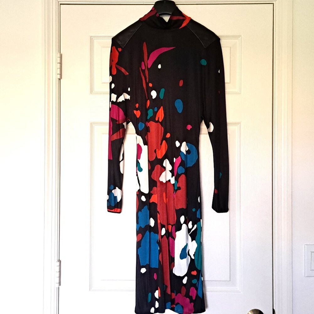 GIANNI VERSACE COUTURE Dress Abstract Print Jersey Leather Shoulder VTG EU 40